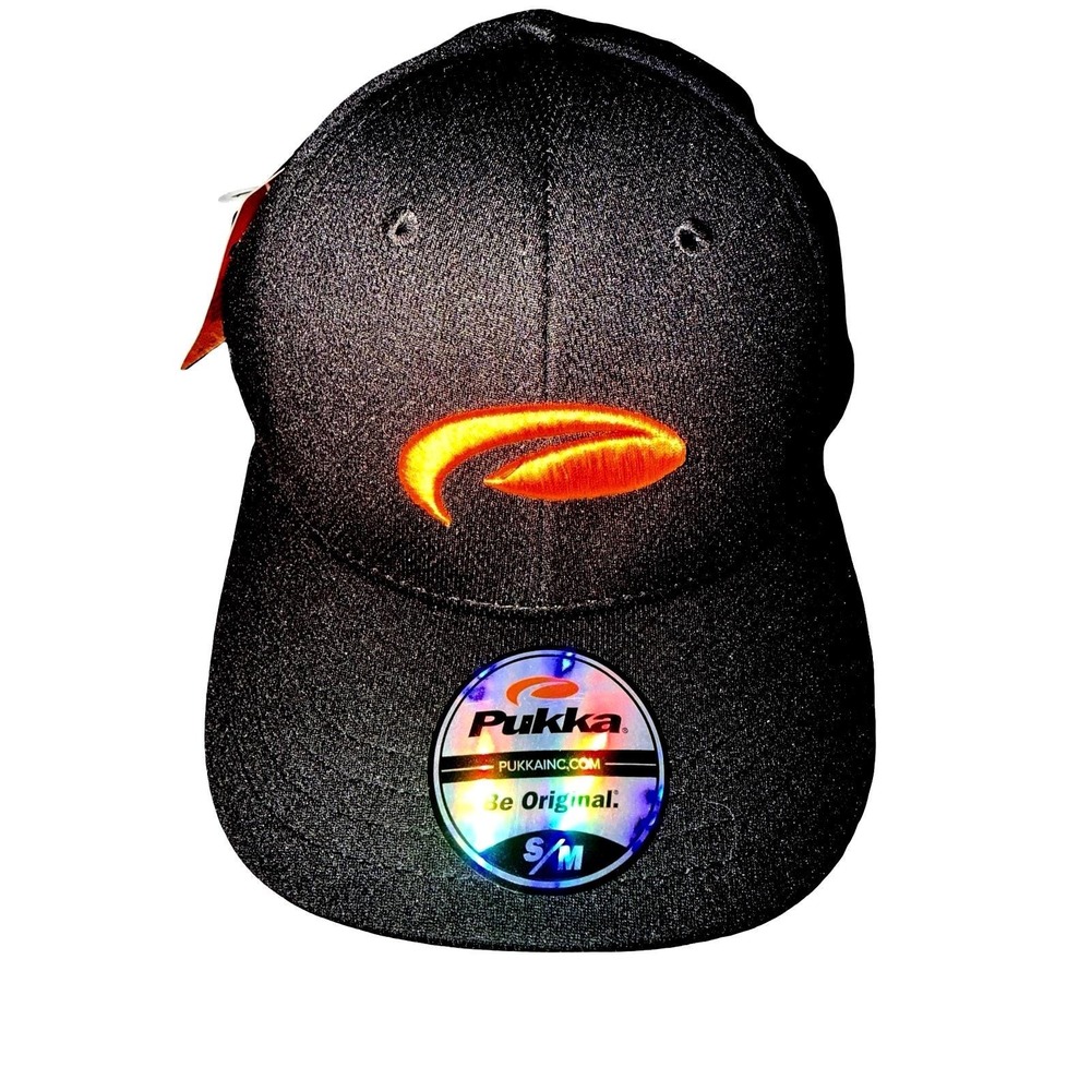 Pukka A-Flex Black Tech Fabric Baseball Cap Orange Logo Stretch Fit Hat S/M NEW